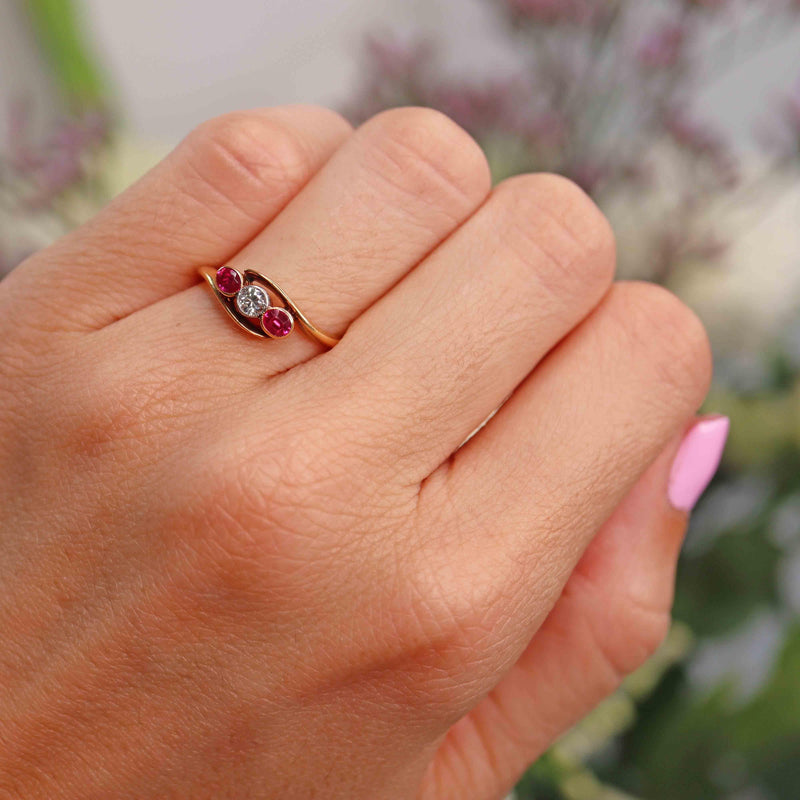 Ellibelle Jewellery Antique Synthetic Ruby & Diamond 18ct Gold Three-Stone Crossover Ring