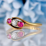 Ellibelle Jewellery Antique Synthetic Ruby & Diamond 18ct Gold Three-Stone Crossover Ring