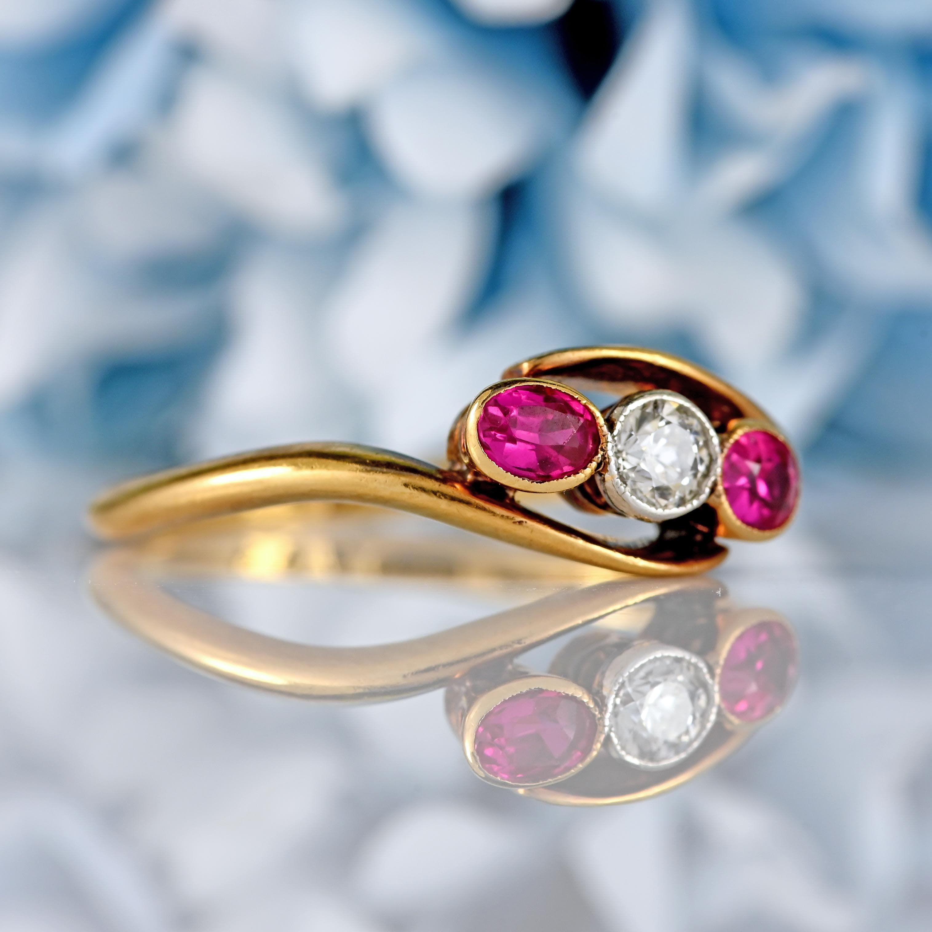 Ellibelle Jewellery Antique Synthetic Ruby & Diamond 18ct Gold Three-Stone Crossover Ring