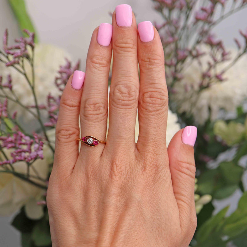 Ellibelle Jewellery Antique Synthetic Ruby & Diamond 18ct Gold Three-Stone Crossover Ring