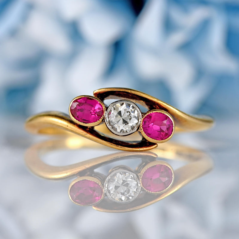Ellibelle Jewellery Antique Synthetic Ruby & Diamond 18ct Gold Three-Stone Crossover Ring