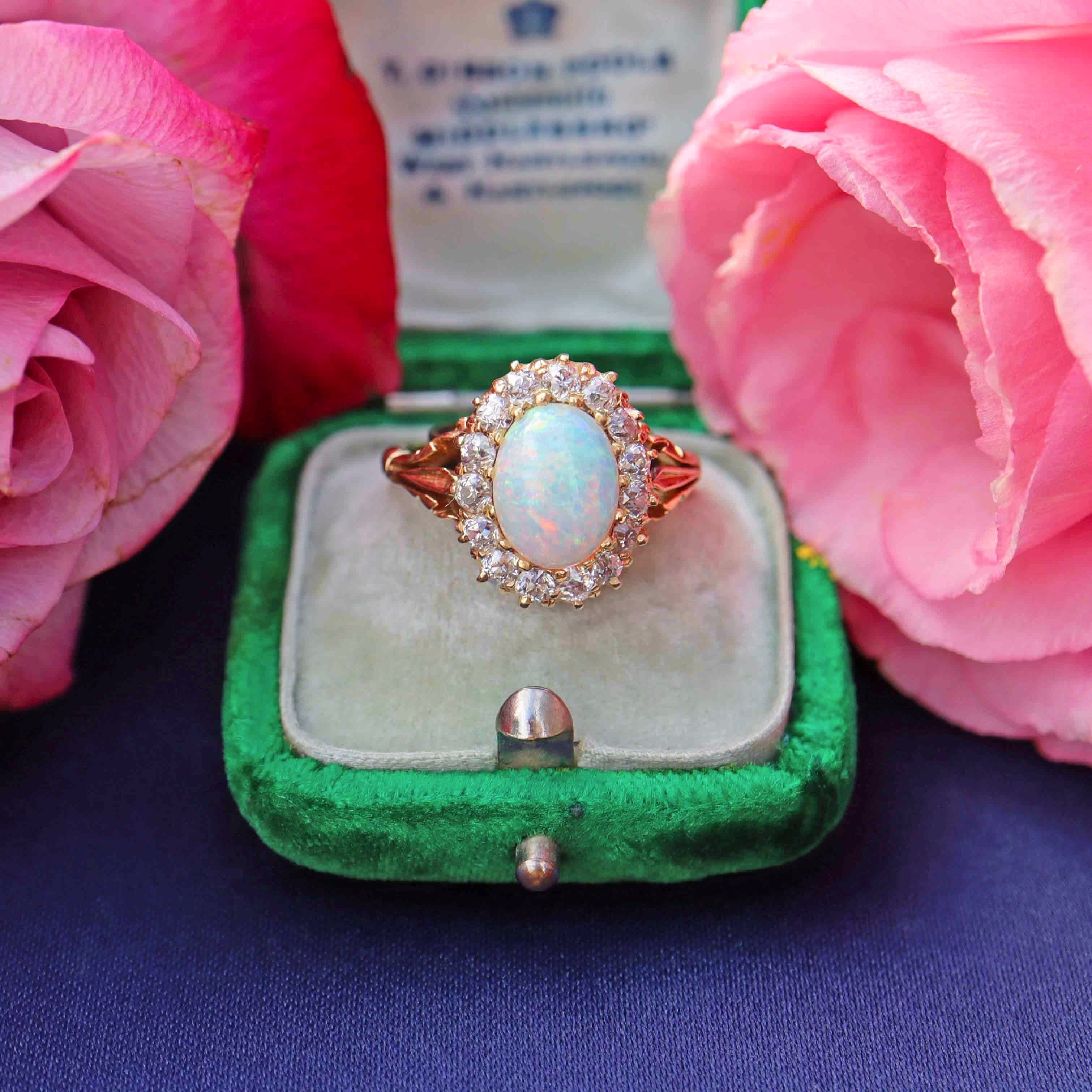 Ellibelle Jewellery Antique Victorian Australian Opal & Old-Cut Diamond 18ct Gold Cluster Ring