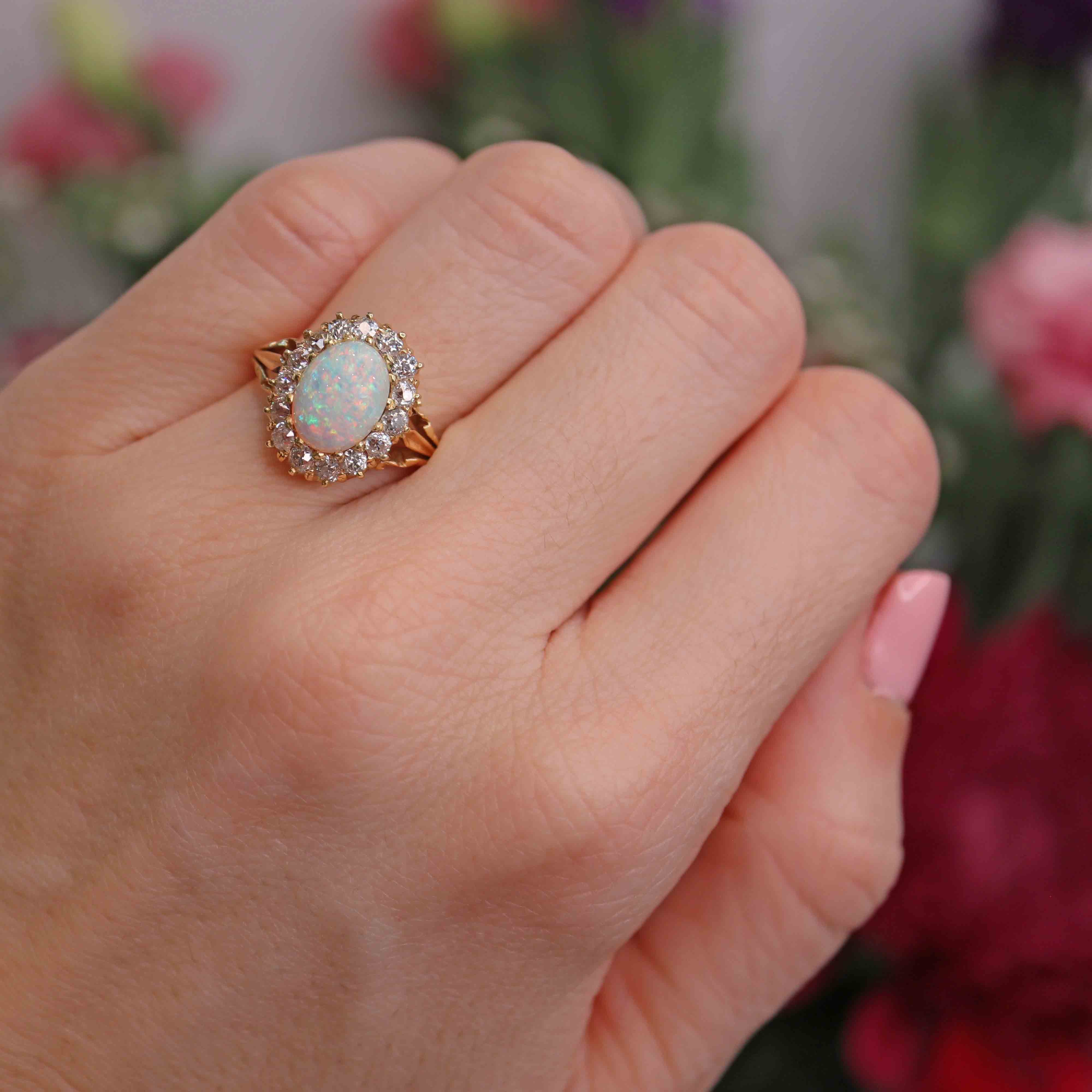 Ellibelle Jewellery Antique Victorian Australian Opal & Old-Cut Diamond 18ct Gold Cluster Ring
