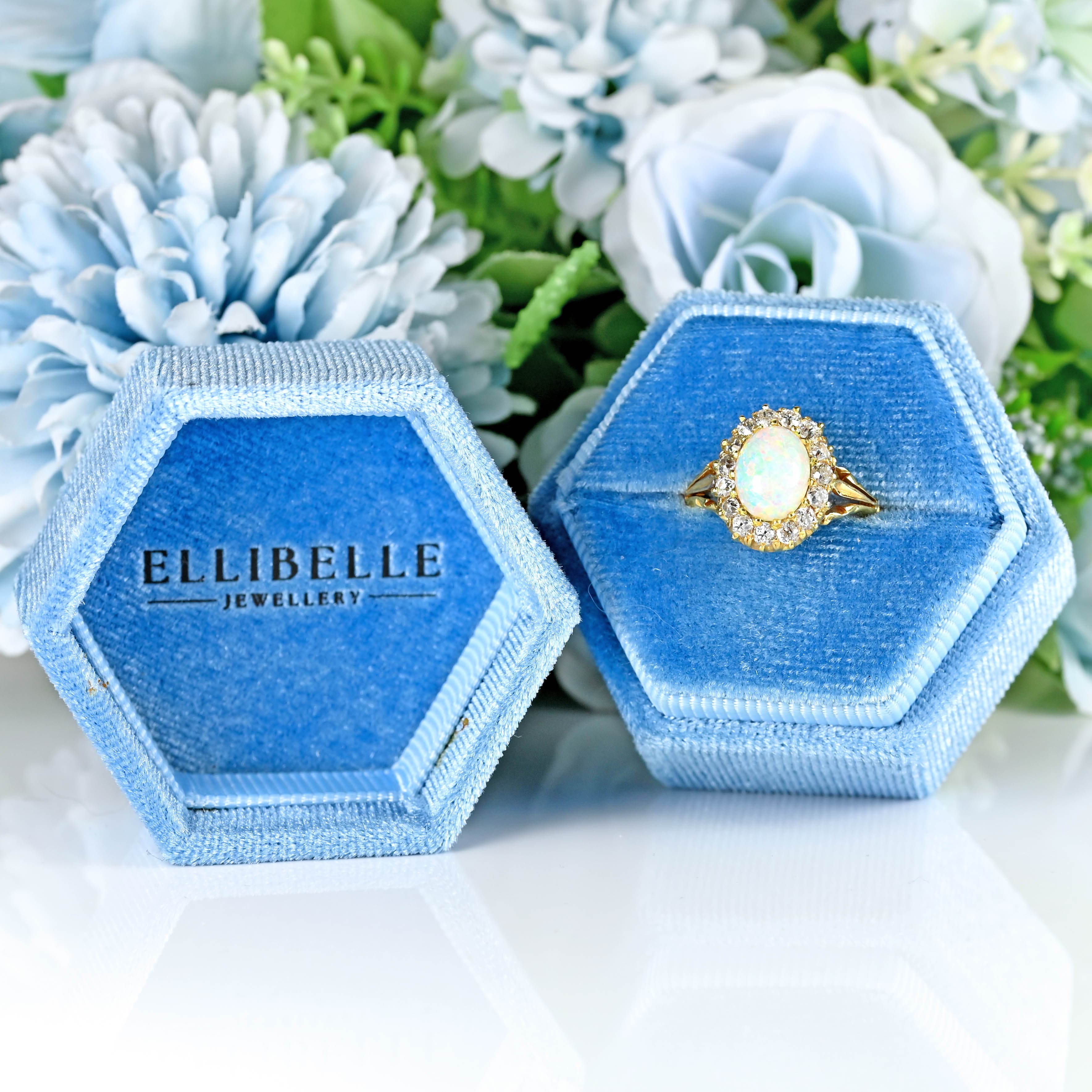 Ellibelle Jewellery Antique Victorian Australian Opal & Old-Cut Diamond 18ct Gold Cluster Ring