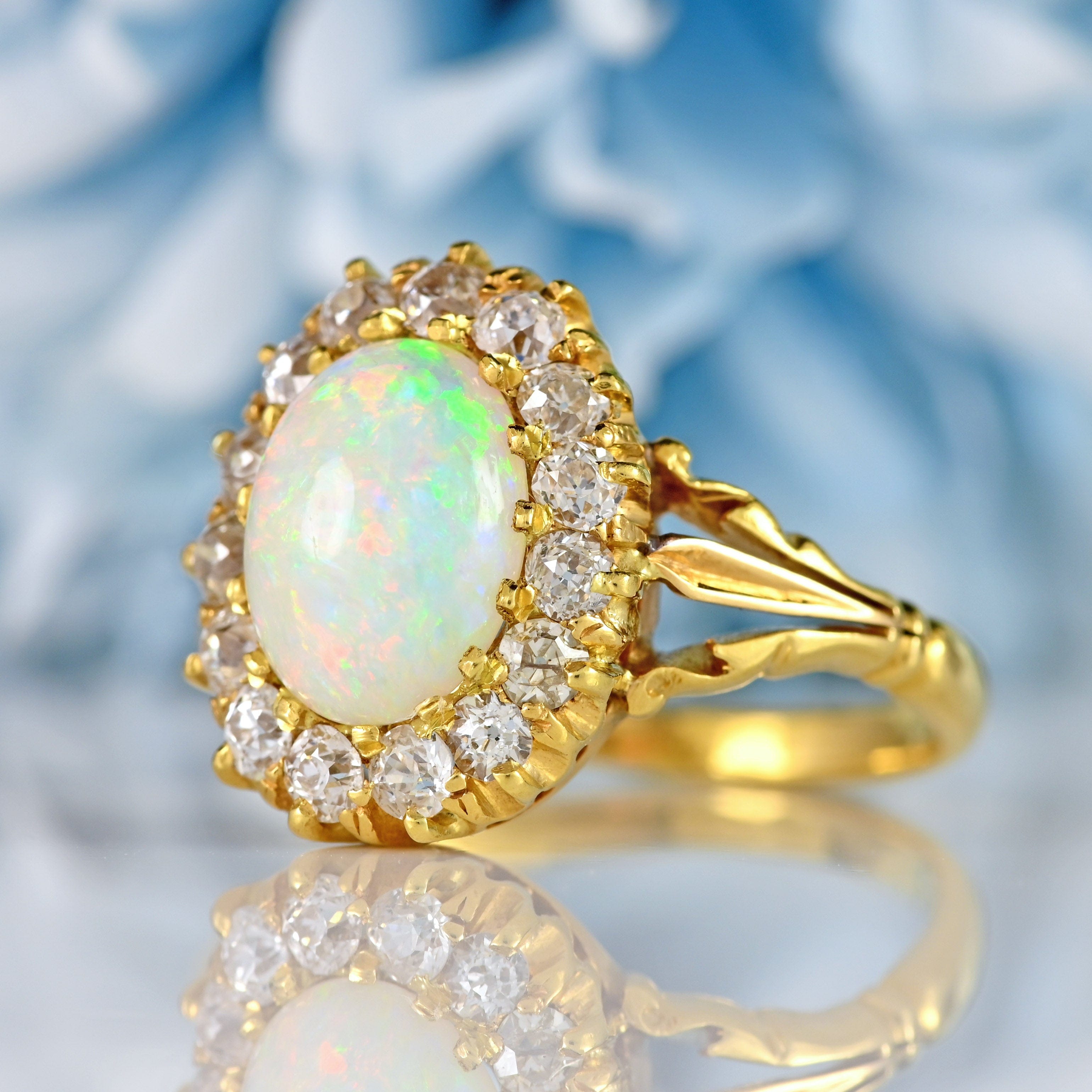 Ellibelle Jewellery Antique Victorian Australian Opal & Old-Cut Diamond 18ct Gold Cluster Ring