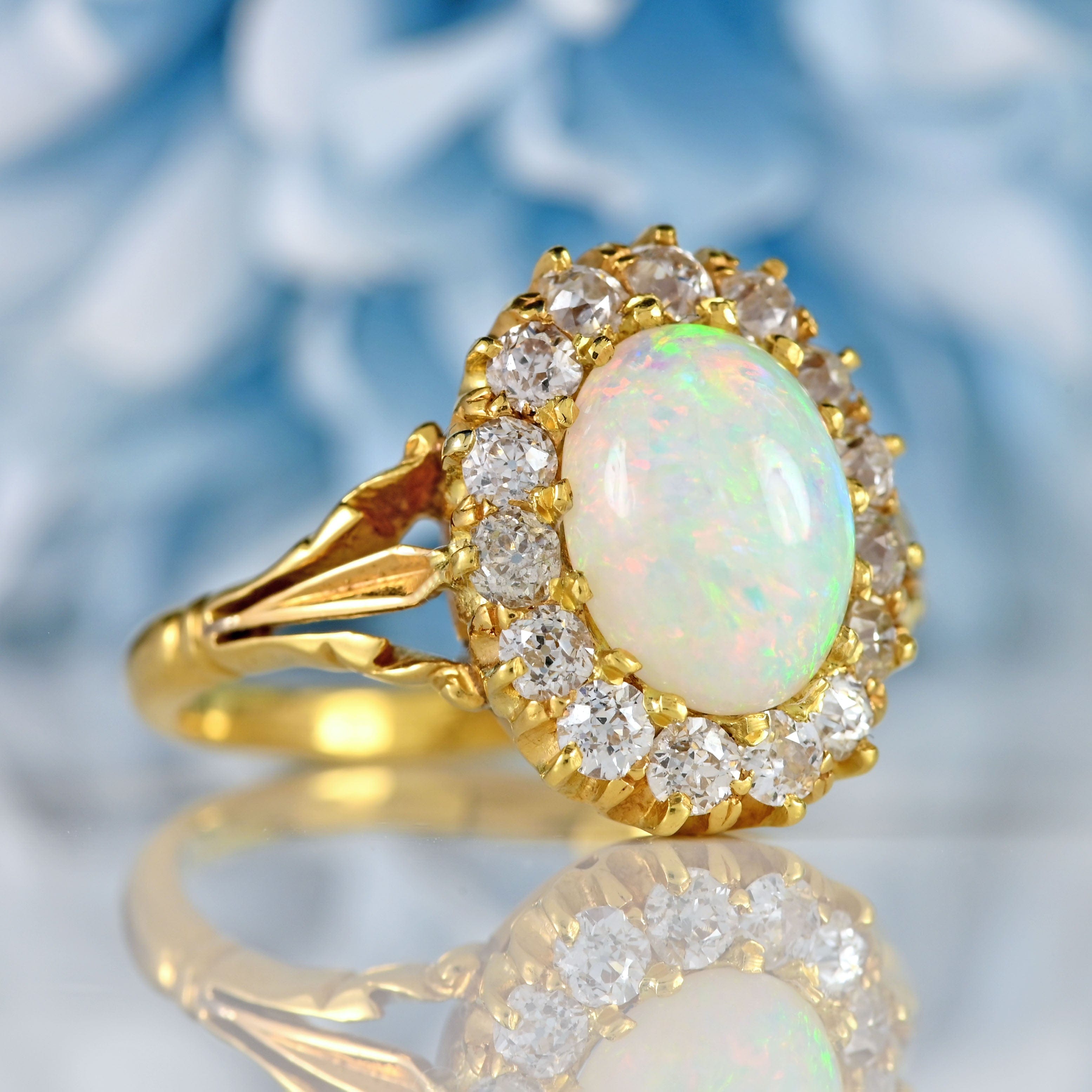 Ellibelle Jewellery Antique Victorian Australian Opal & Old-Cut Diamond 18ct Gold Cluster Ring