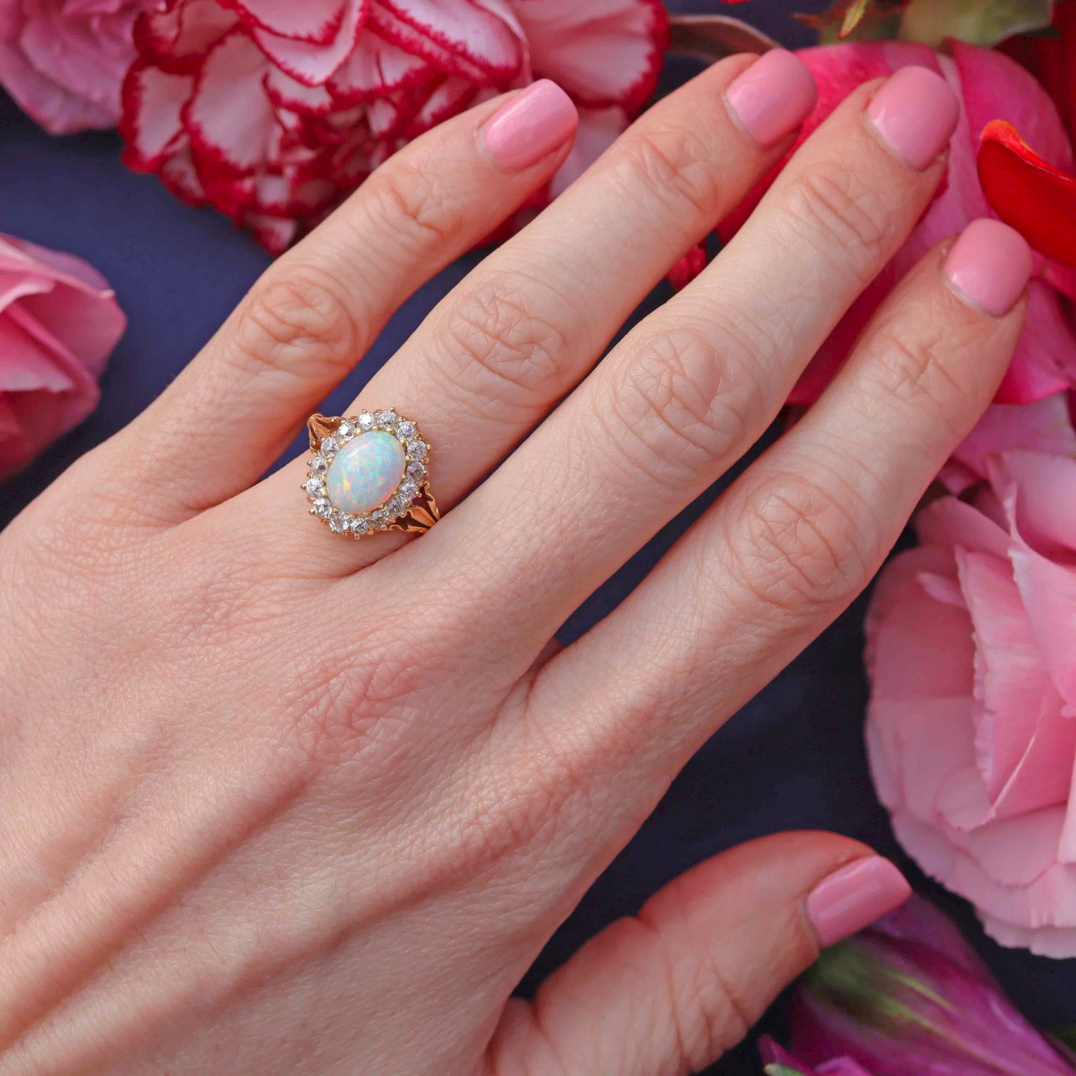 Ellibelle Jewellery Antique Victorian Australian Opal & Old-Cut Diamond 18ct Gold Cluster Ring