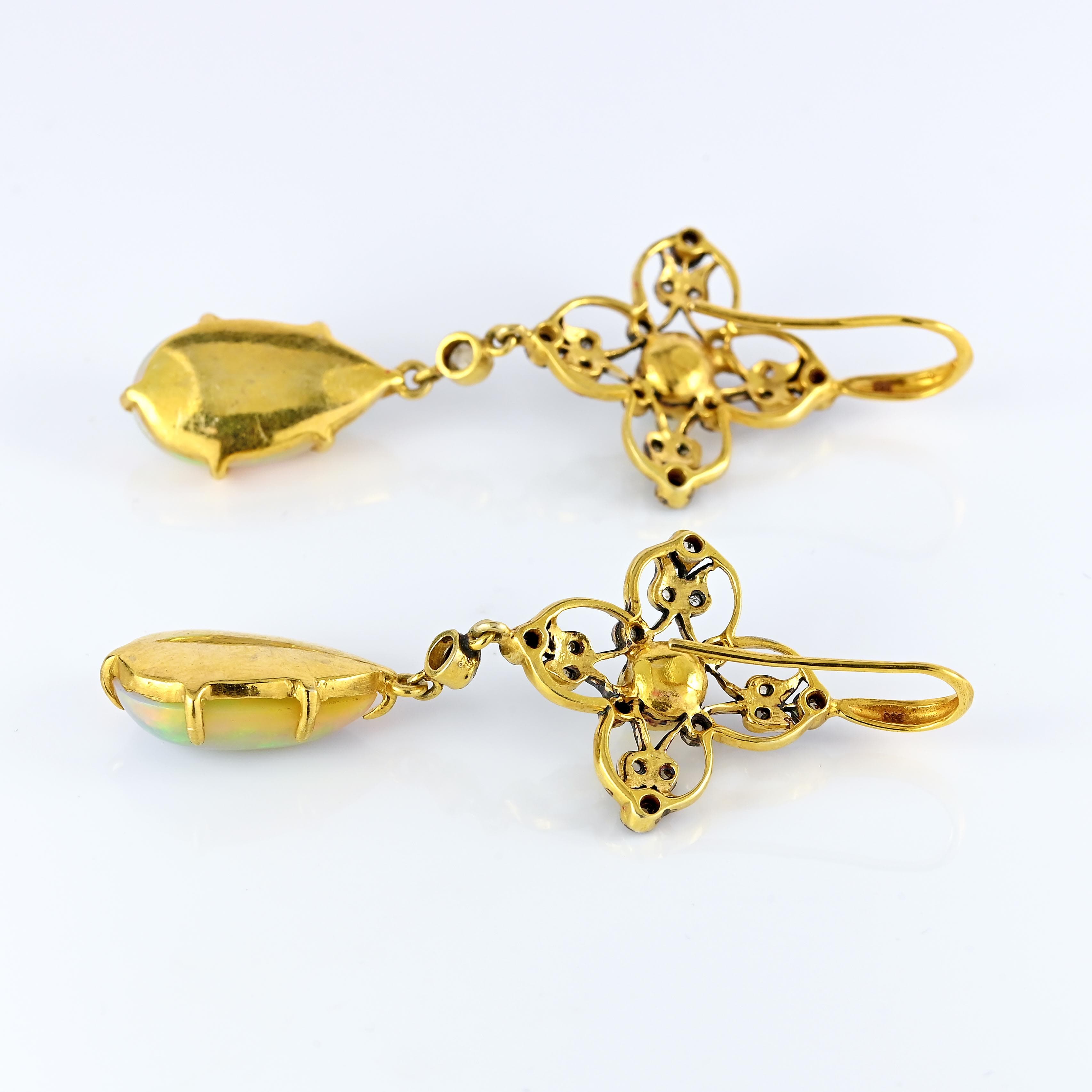 Ellibelle Jewellery Antique Victorian Australian Opal & Rose-Cut Diamond Gold Drop Earrings