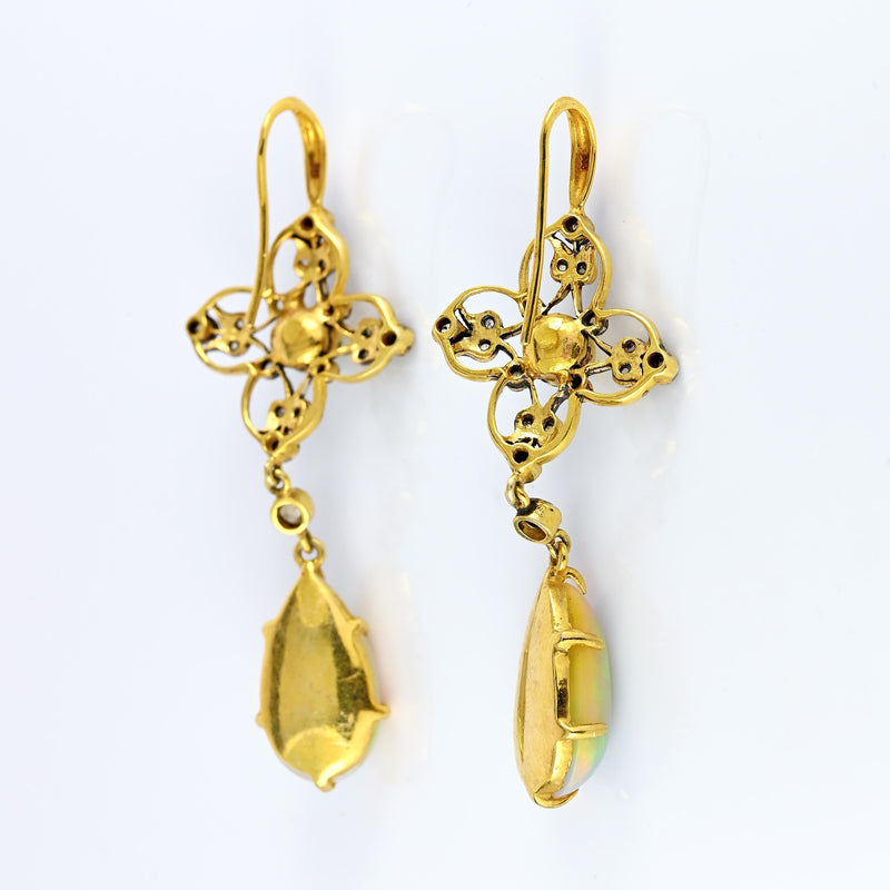 Ellibelle Jewellery Antique Victorian Australian Opal & Rose-Cut Diamond Gold Drop Earrings