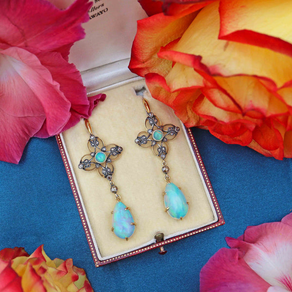 Ellibelle Jewellery Antique Victorian Australian Opal & Rose-Cut Diamond Gold Drop Earrings