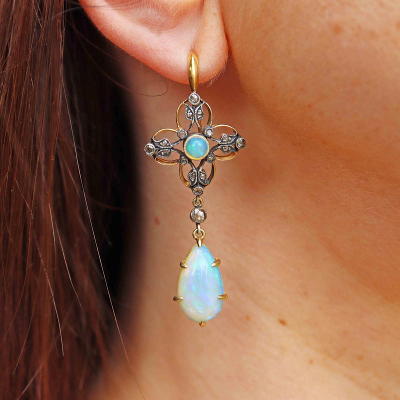 Ellibelle Jewellery Antique Victorian Australian Opal & Rose-Cut Diamond Gold Drop Earrings