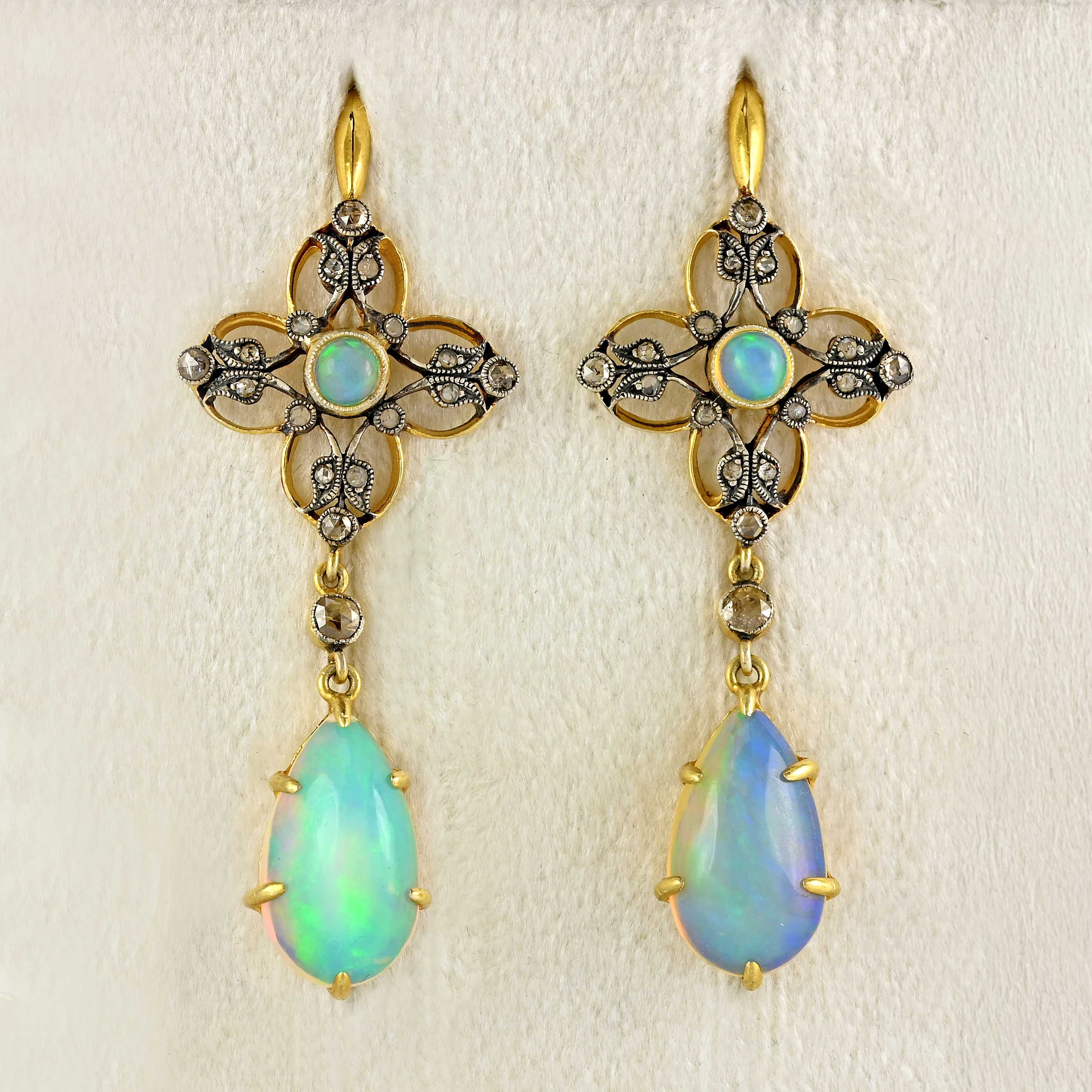 Ellibelle Jewellery Antique Victorian Australian Opal & Rose-Cut Diamond Gold Drop Earrings