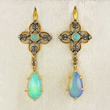 Ellibelle Jewellery Antique Victorian Australian Opal & Rose-Cut Diamond Gold Drop Earrings