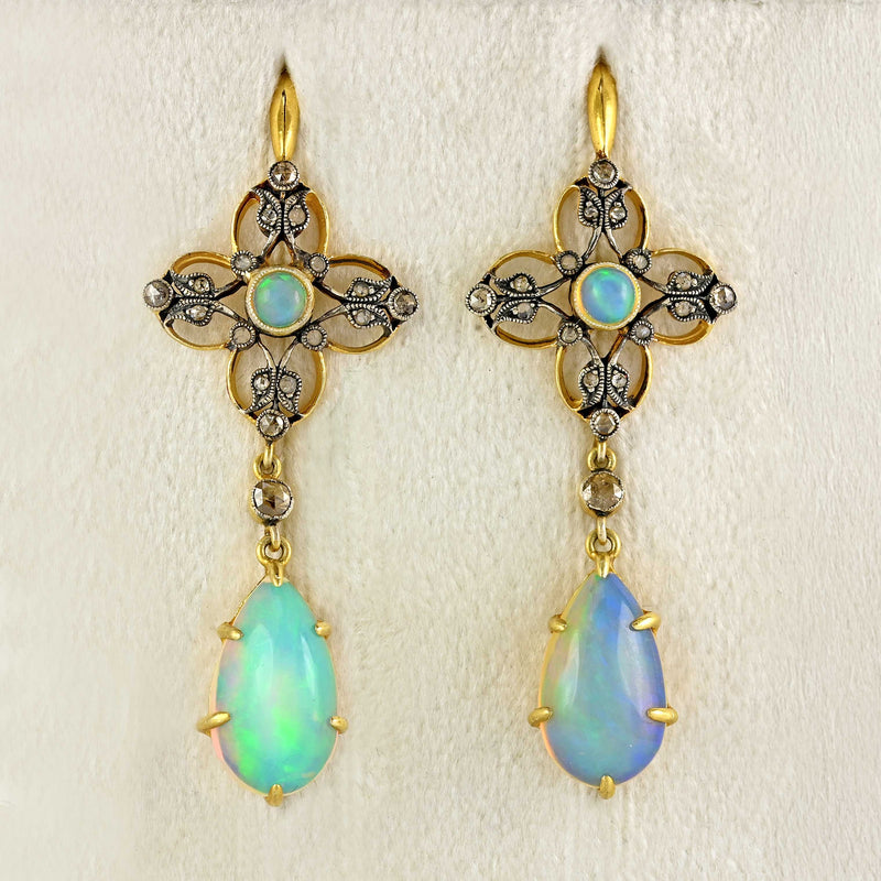 Ellibelle Jewellery Antique Victorian Australian Opal & Rose-Cut Diamond Gold Drop Earrings