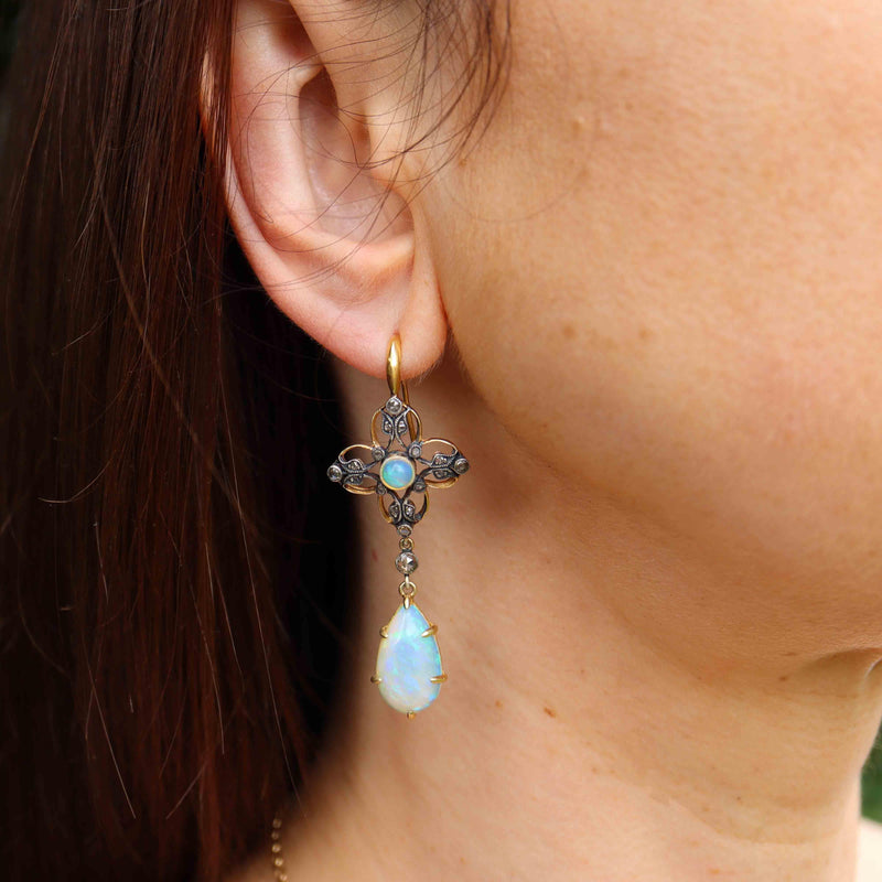 Ellibelle Jewellery Antique Victorian Australian Opal & Rose-Cut Diamond Gold Drop Earrings
