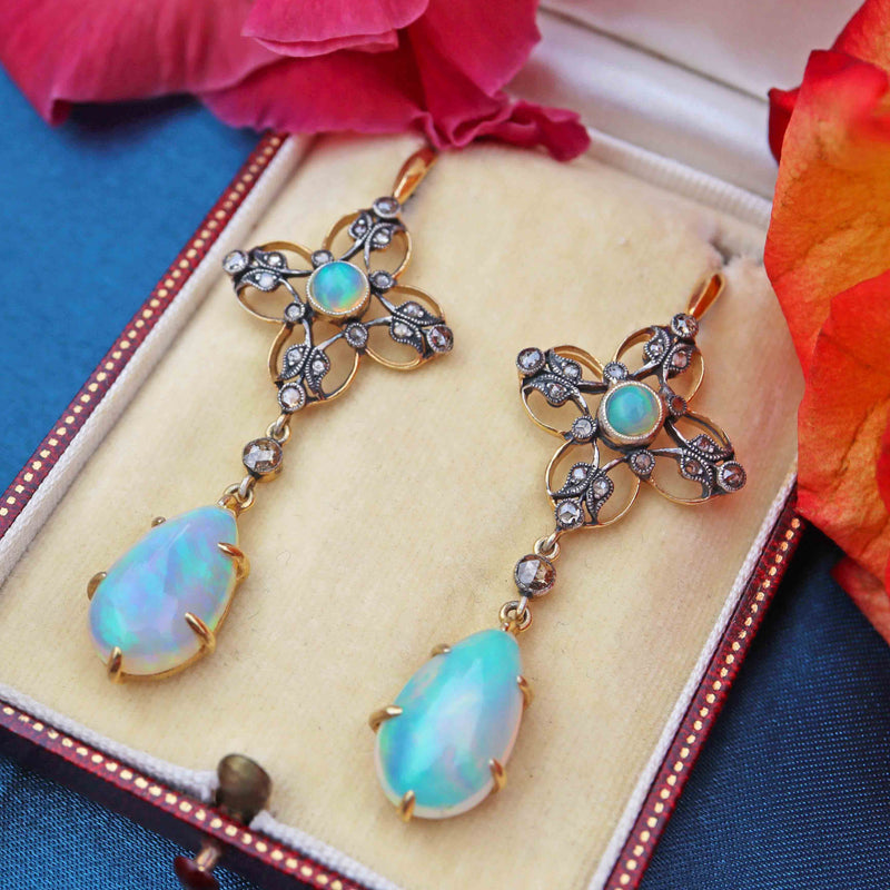 Ellibelle Jewellery Antique Victorian Australian Opal & Rose-Cut Diamond Gold Drop Earrings