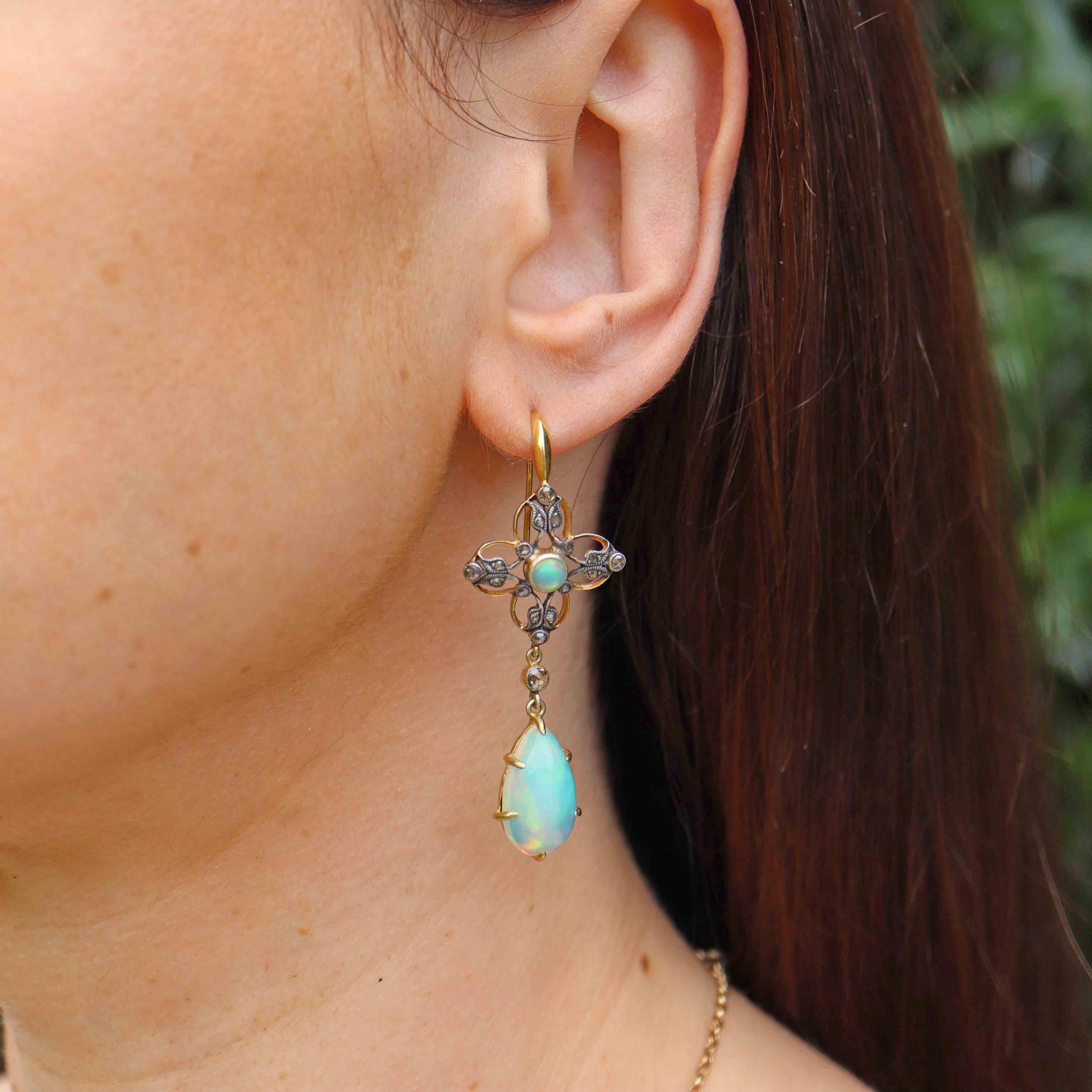 Ellibelle Jewellery Antique Victorian Australian Opal & Rose-Cut Diamond Gold Drop Earrings