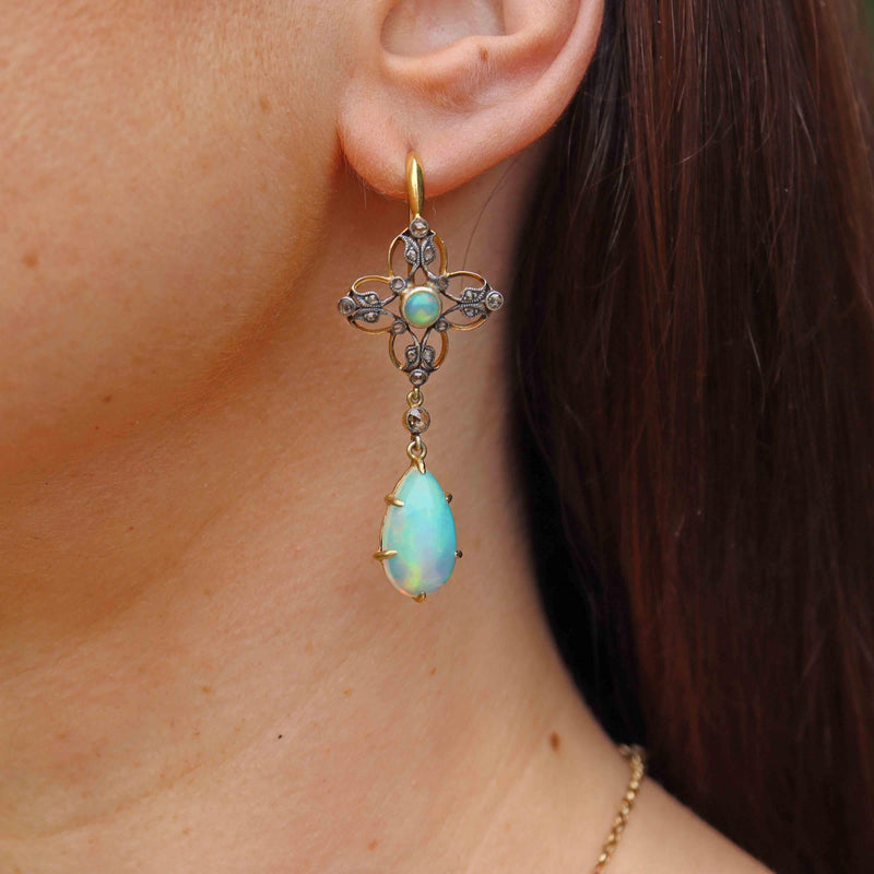 Ellibelle Jewellery Antique Victorian Australian Opal & Rose-Cut Diamond Gold Drop Earrings