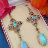 Ellibelle Jewellery Antique Victorian Australian Opal & Rose-Cut Diamond Gold Drop Earrings