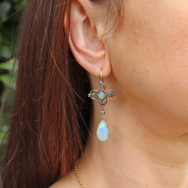 Ellibelle Jewellery Antique Victorian Australian Opal & Rose-Cut Diamond Gold Drop Earrings