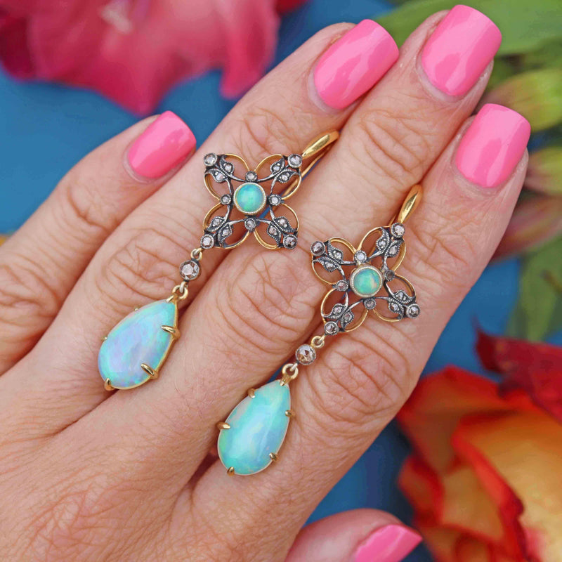 Ellibelle Jewellery Antique Victorian Australian Opal & Rose-Cut Diamond Gold Drop Earrings