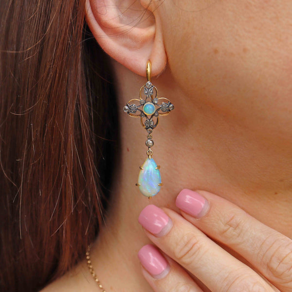 Ellibelle Jewellery Antique Victorian Australian Opal & Rose-Cut Diamond Gold Drop Earrings