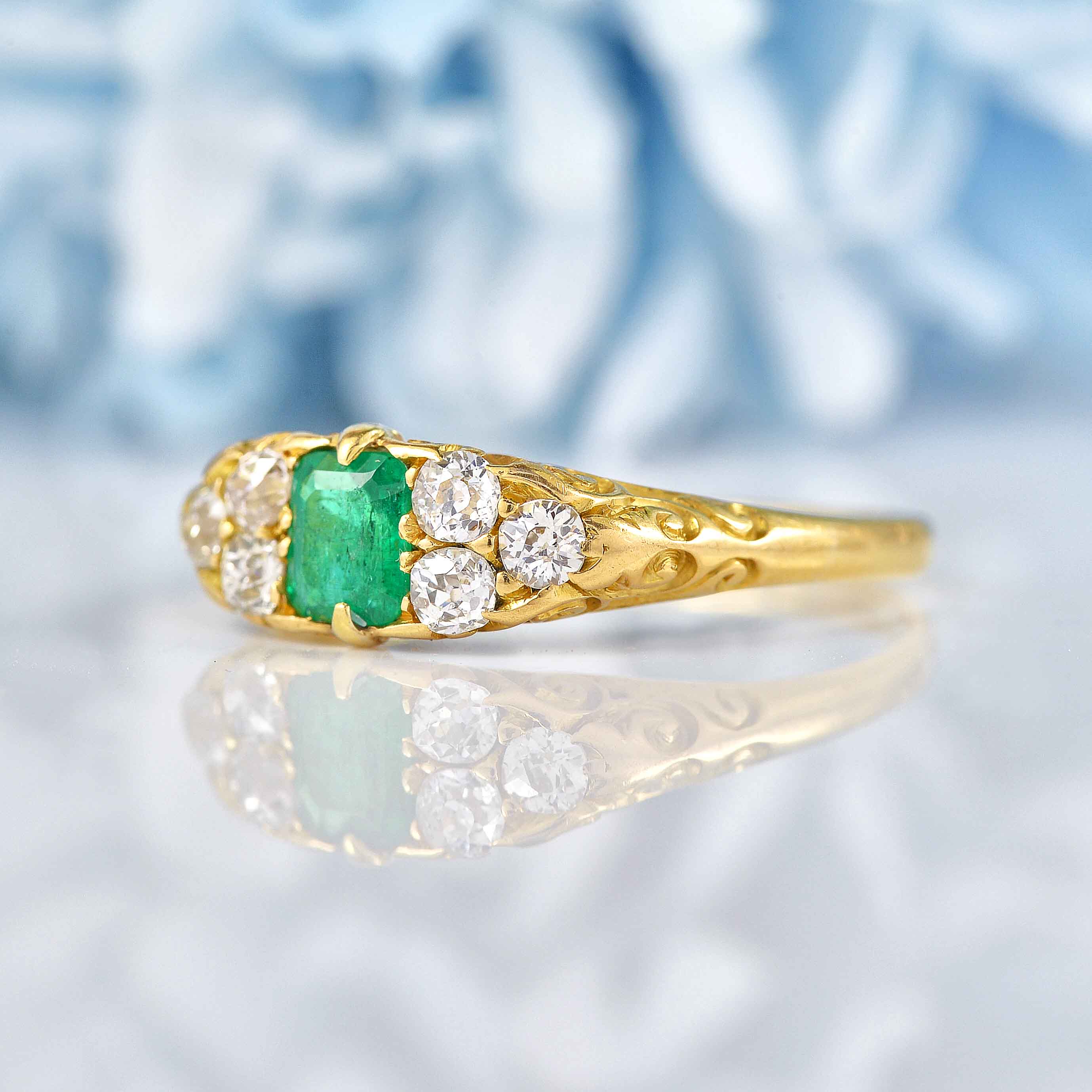 Ellibelle Jewellery Antique Victorian Emerald & Diamond Carved Half-Hoop Ring