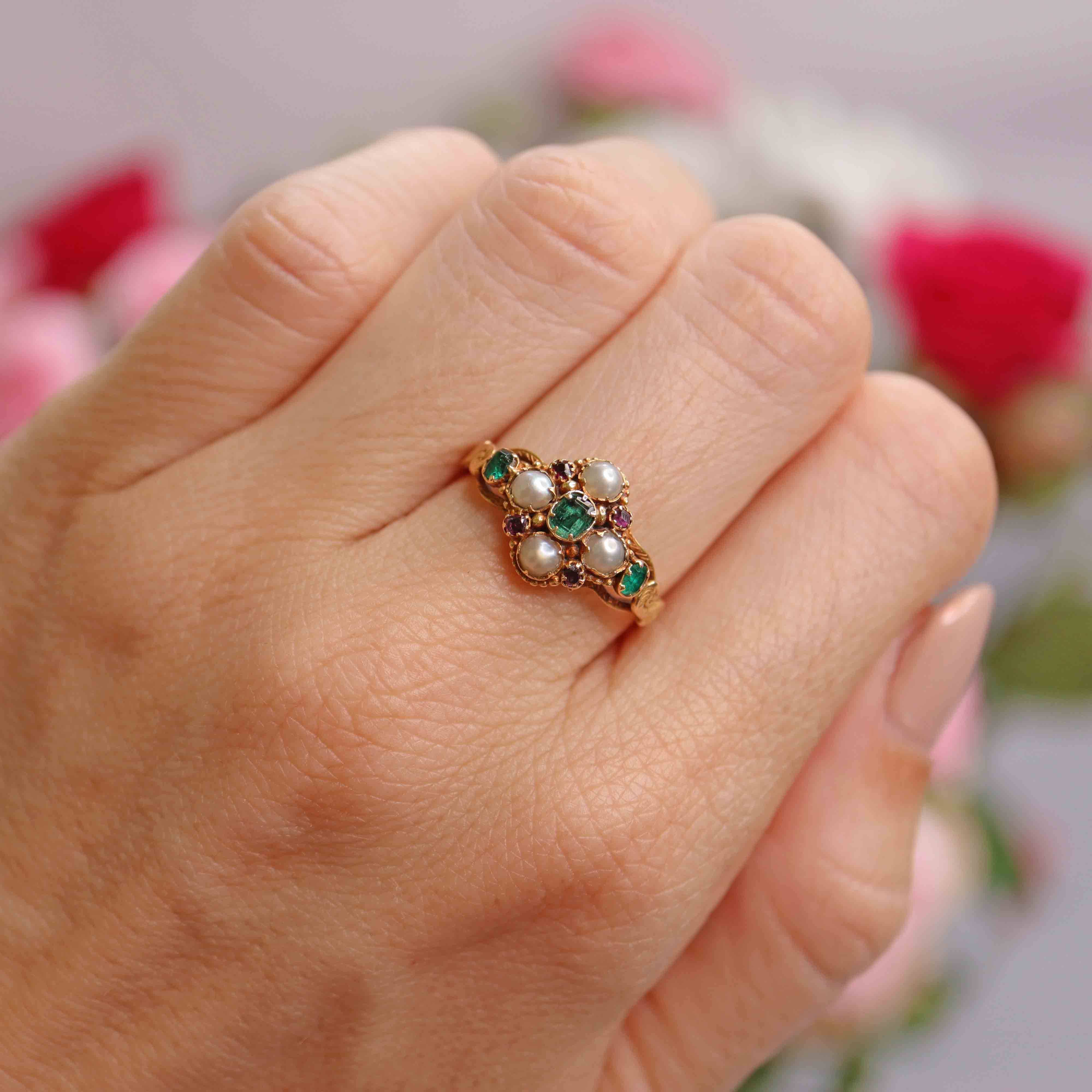 Ellibelle Jewellery Antique Victorian Emerald, Ruby & Natural Split Pearl 15ct Gold Cluster Ring
