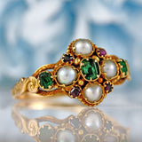 Ellibelle Jewellery Antique Victorian Emerald, Ruby & Natural Split Pearl 15ct Gold Cluster Ring