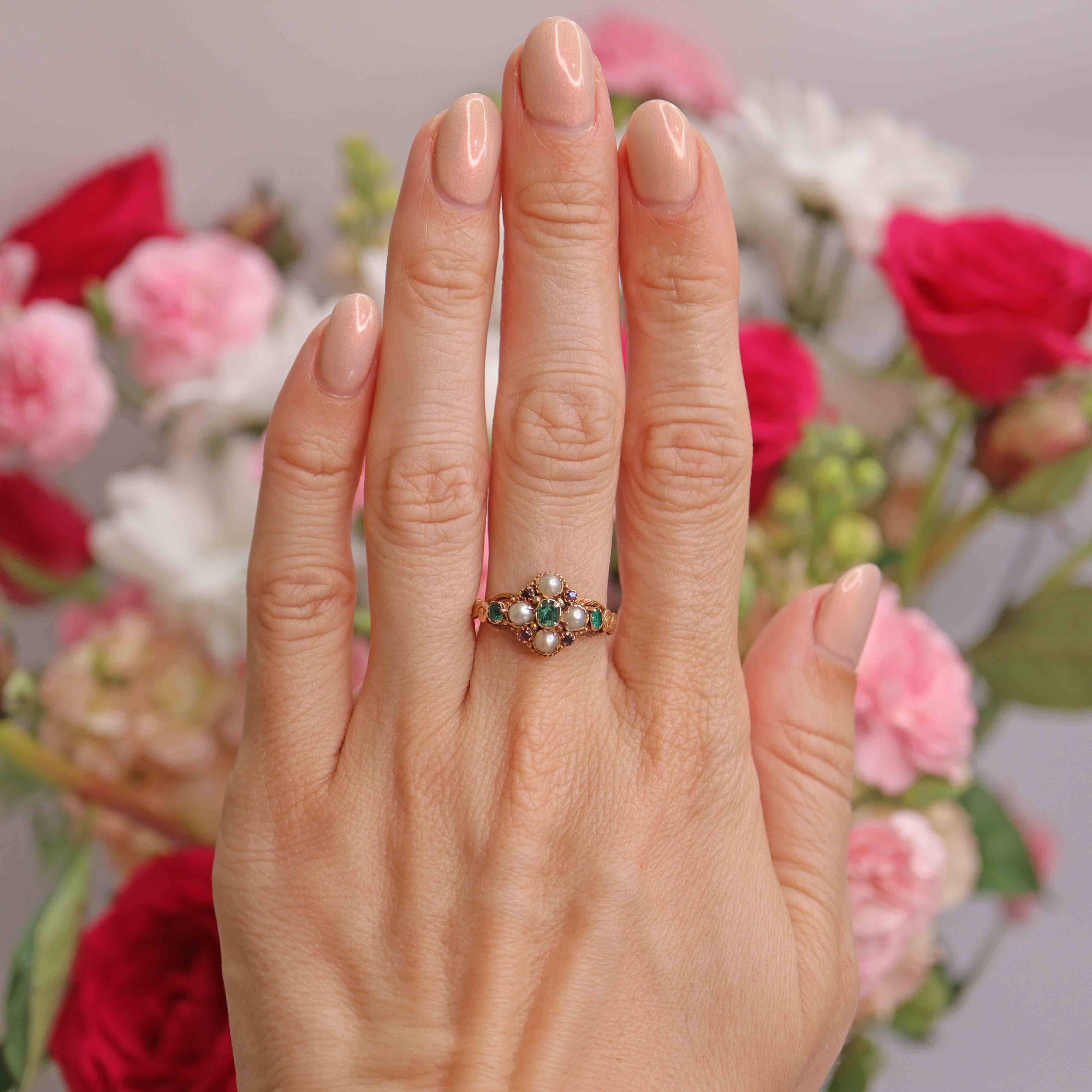 Ellibelle Jewellery Antique Victorian Emerald, Ruby & Natural Split Pearl 15ct Gold Cluster Ring
