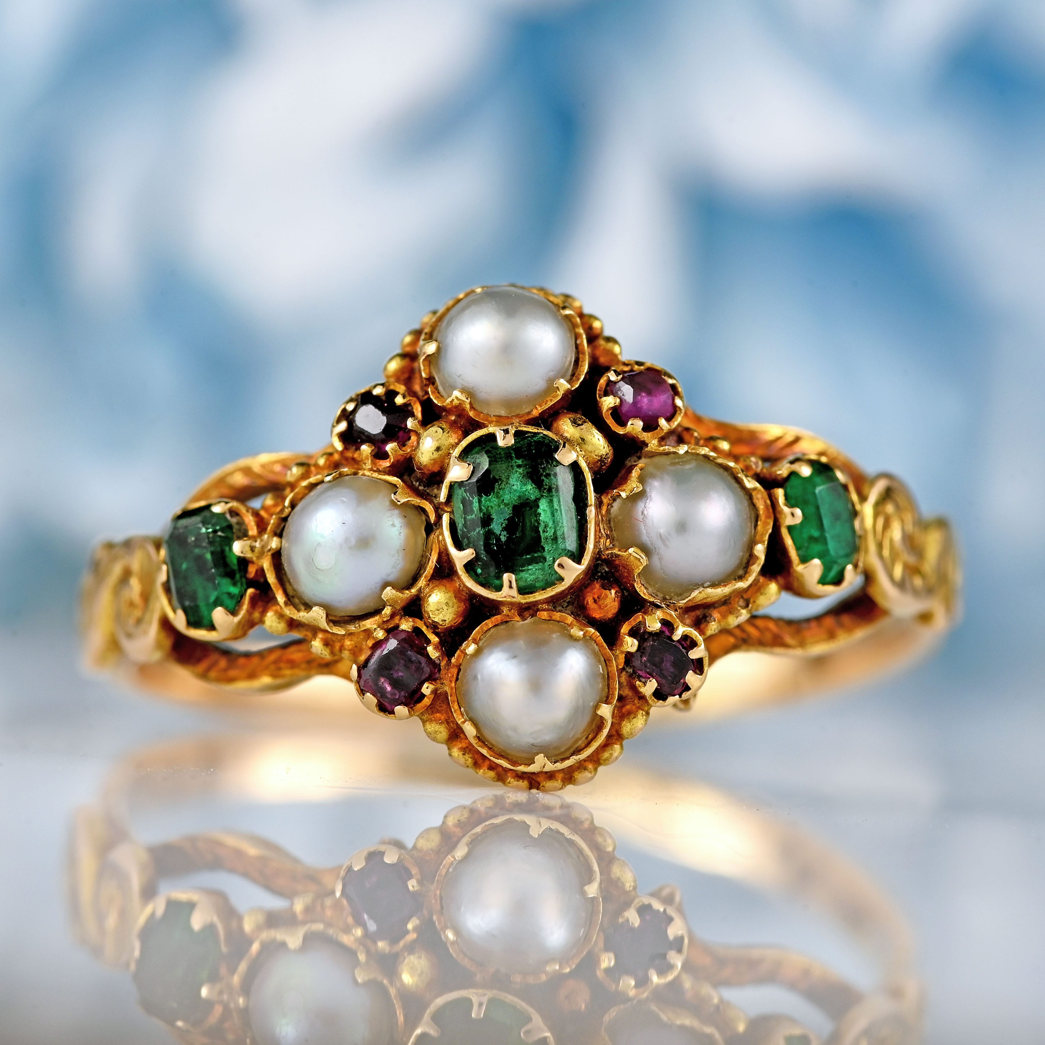 Ellibelle Jewellery Antique Victorian Emerald, Ruby & Natural Split Pearl 15ct Gold Cluster Ring