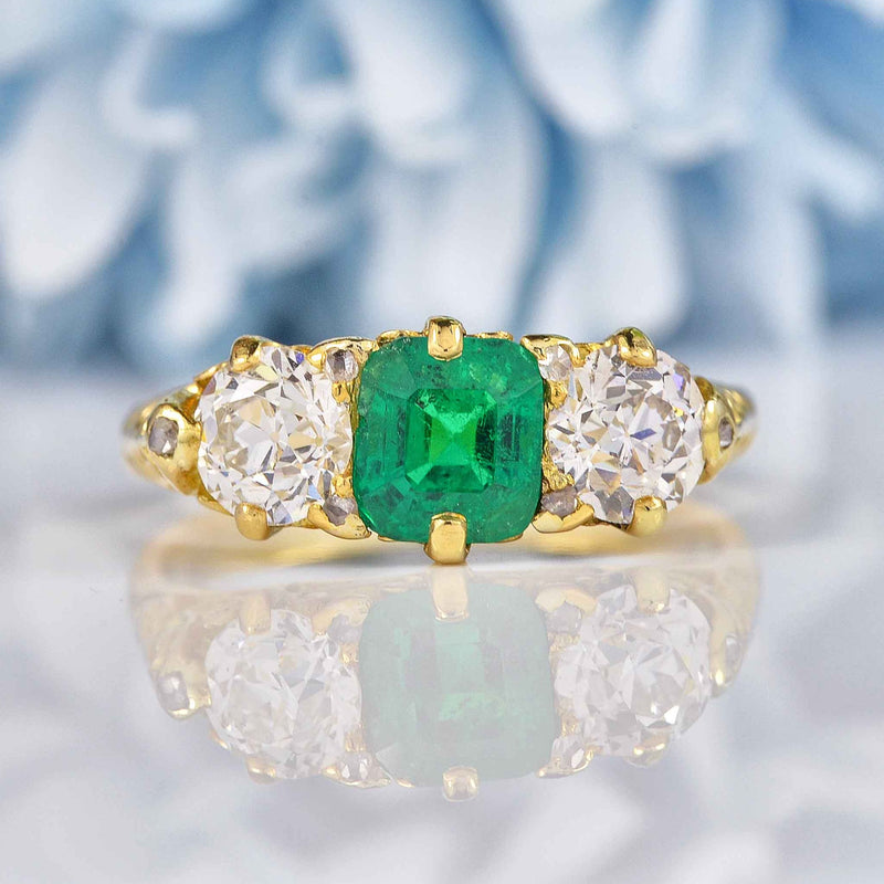 Ellibelle Jewellery Antique Victorian Natural Emerald & Diamond Carved Half-Hoop Ring