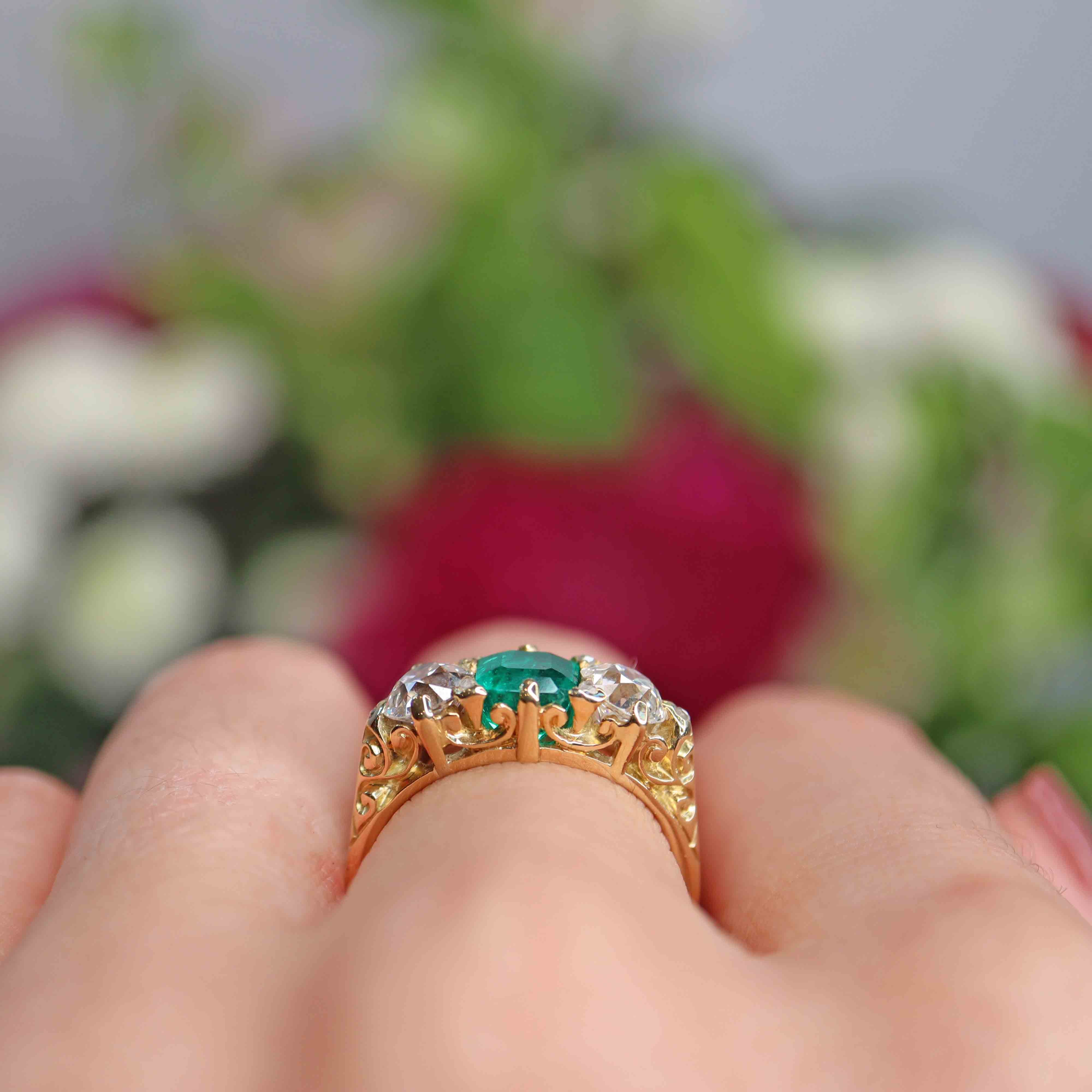 Ellibelle Jewellery Antique Victorian Natural Emerald & Diamond Carved Half-Hoop Ring