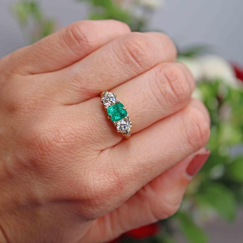 Ellibelle Jewellery Antique Victorian Natural Emerald & Diamond Carved Half-Hoop Ring
