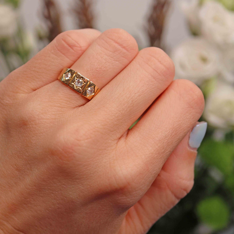 Ellibelle Jewellery Antique Victorian Old-Cut Diamond 18ct Gold Three-Stone Gypsy Ring