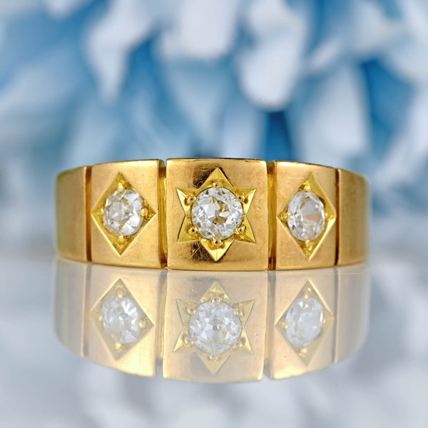 Ellibelle Jewellery Antique Victorian Old-Cut Diamond 18ct Gold Three-Stone Gypsy Ring