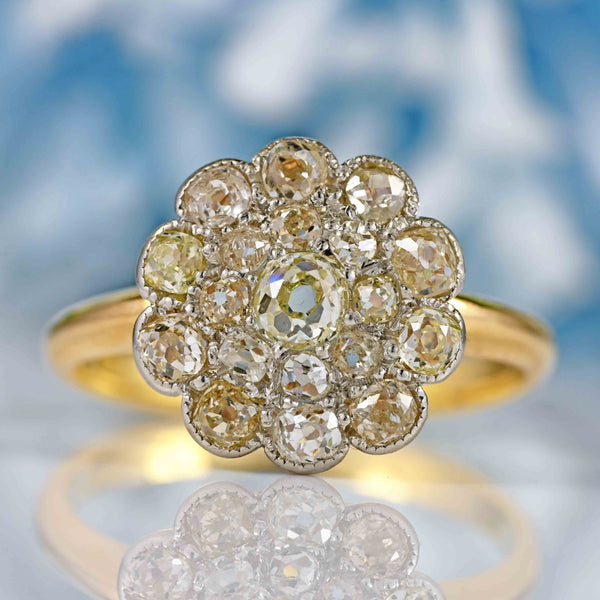 Ellibelle Jewellery Antique Victorian Old-Mine-Cut 18ct Gold Platinum Diamond Cluster Ring (1.17ct