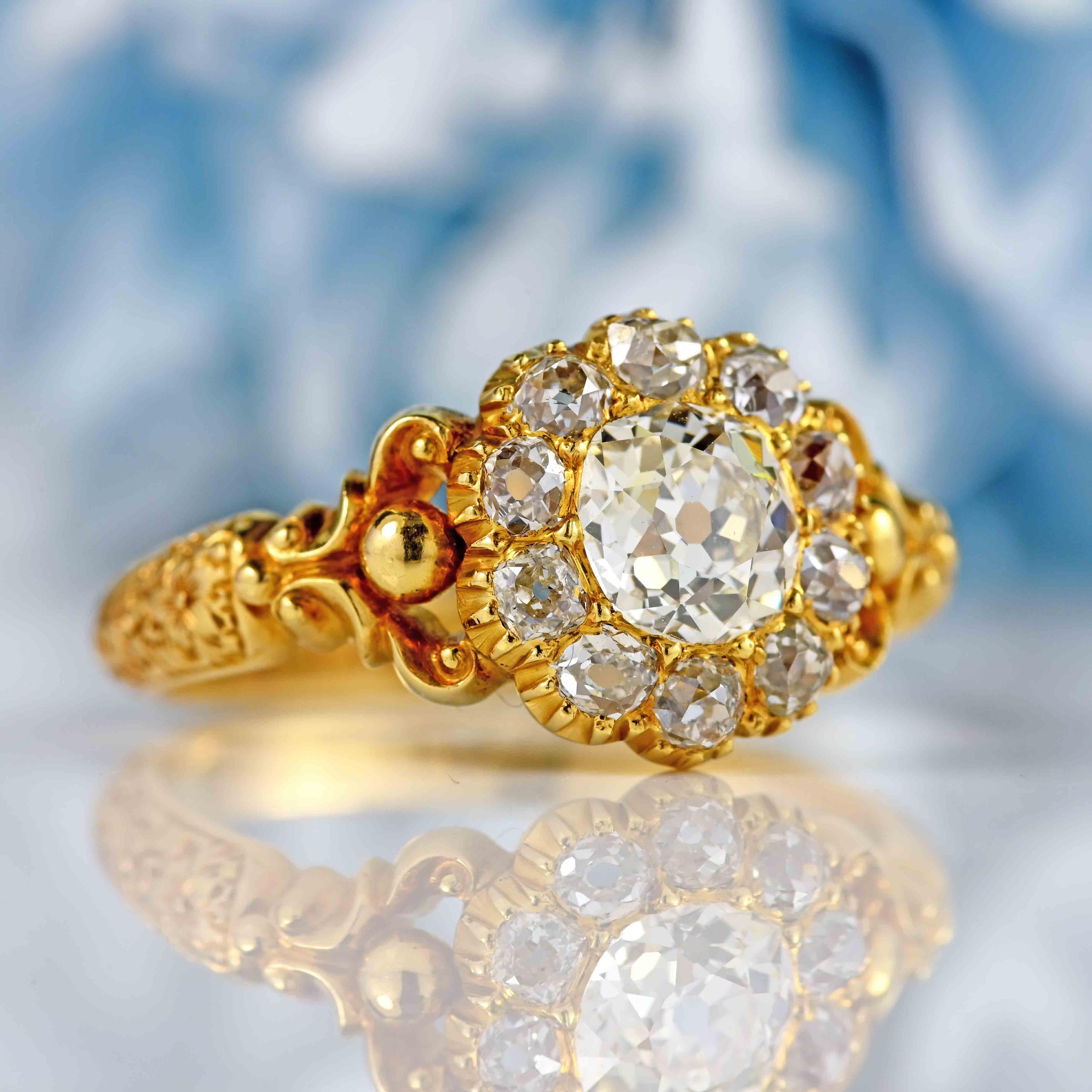 Ellibelle Jewellery Antique Victorian Old-Mine-Cut Diamond 18ct Gold Cluster Ring