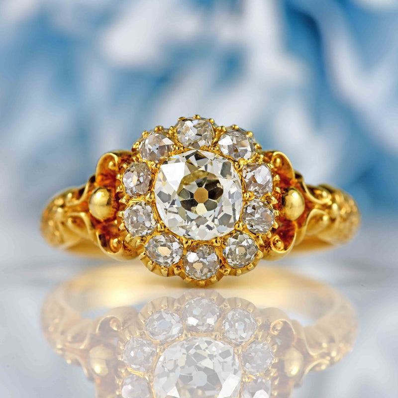 Ellibelle Jewellery Antique Victorian Old-Mine-Cut Diamond 18ct Gold Cluster Ring