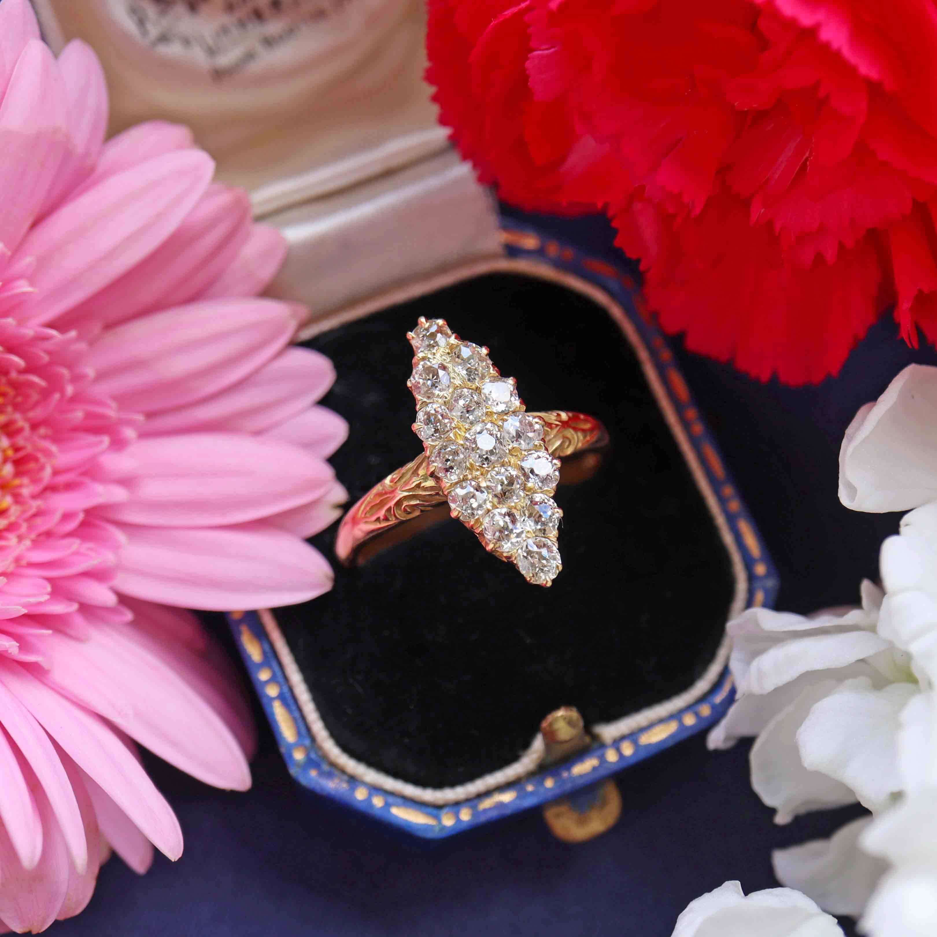Ellibelle Jewellery Antique Victorian Old-Mine-Cut Diamond 18ct Gold Marquise Ring (1.20cts)