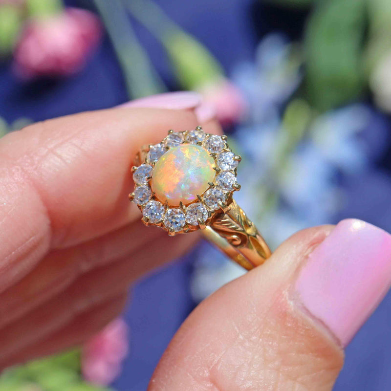 Ellibelle Jewellery Antique Victorian Opal & Old Cut Diamond 18ct Gold Cluster Ring