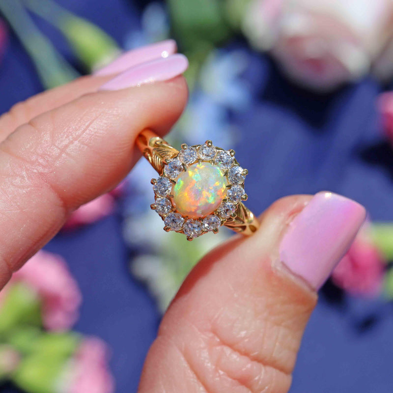 Ellibelle Jewellery Antique Victorian Opal & Old Cut Diamond 18ct Gold Cluster Ring