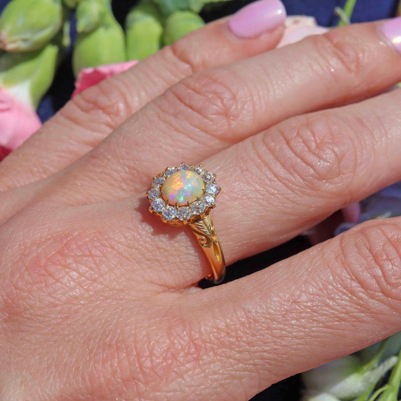 Ellibelle Jewellery Antique Victorian Opal & Old Cut Diamond 18ct Gold Cluster Ring