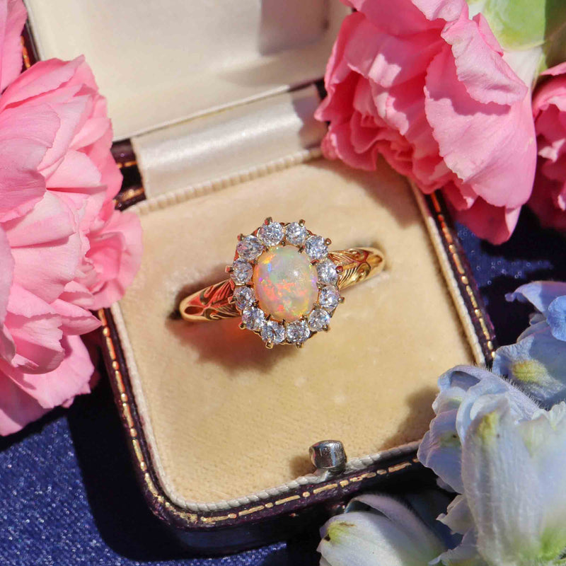 Ellibelle Jewellery Antique Victorian Opal & Old Cut Diamond 18ct Gold Cluster Ring