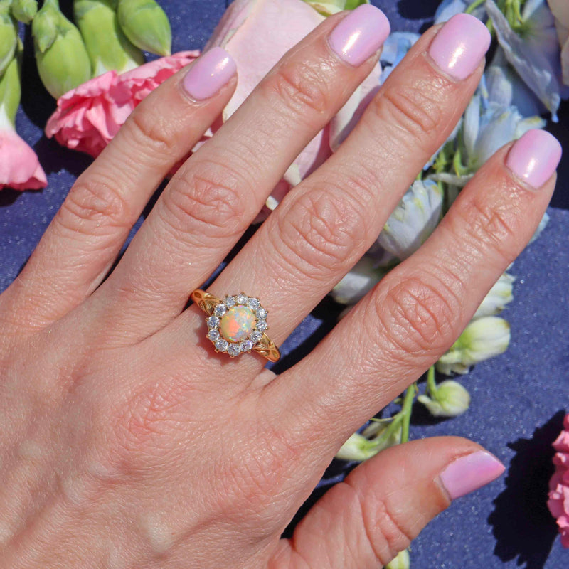 Ellibelle Jewellery Antique Victorian Opal & Old Cut Diamond 18ct Gold Cluster Ring