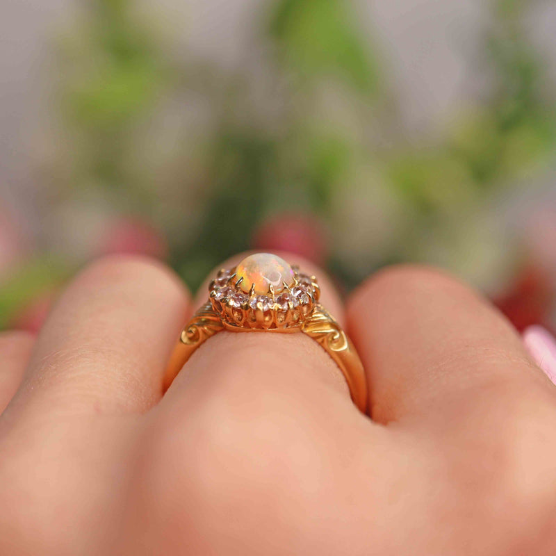 Ellibelle Jewellery Antique Victorian Opal & Old Cut Diamond 18ct Gold Cluster Ring