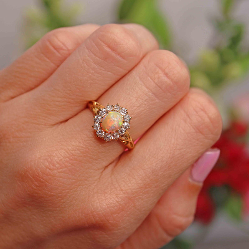 Ellibelle Jewellery Antique Victorian Opal & Old Cut Diamond 18ct Gold Cluster Ring