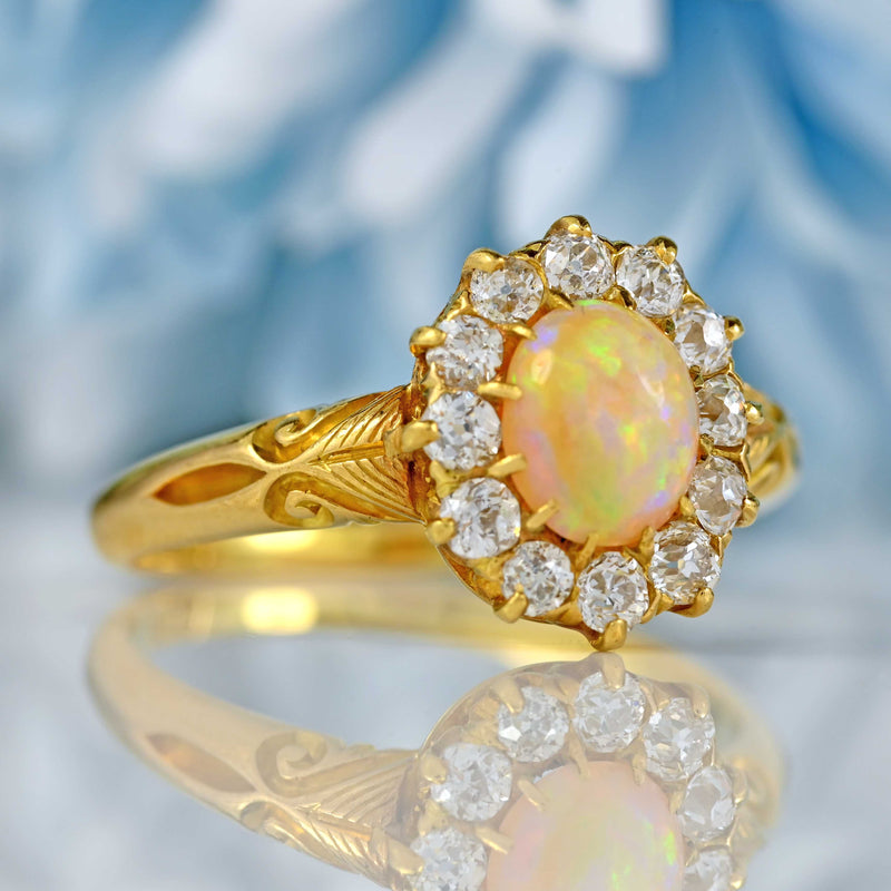 Ellibelle Jewellery Antique Victorian Opal & Old Cut Diamond 18ct Gold Cluster Ring