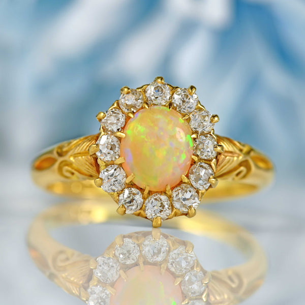 Ellibelle Jewellery Antique Victorian Opal & Old Cut Diamond 18ct Gold Cluster Ring