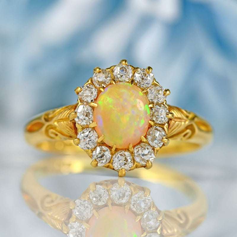 Ellibelle Jewellery Antique Victorian Opal & Old Cut Diamond 18ct Gold Cluster Ring